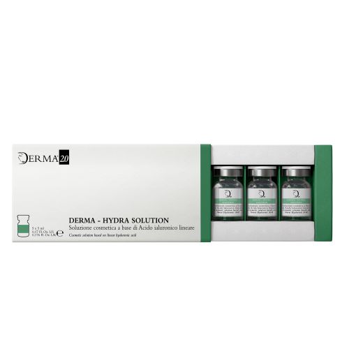 Trattamento idratante a base di acido ialuronico non reticolato Derma-Hydra Solution in 5 fiale sterili da 5ml, made in italy, acido ialuronico lineare in fiale sterili, acido ialuronico non reticolato, acido ialuronico biorivitalizzante