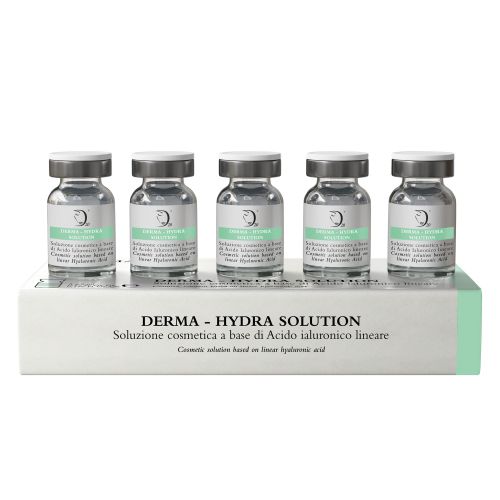 Trattamento idratante a base di acido ialuronico non reticolato Derma-Hydra Solution in 5 fiale sterili da 5ml, made in italy, acido ialuronico lineare in fiale sterili, acido ialuronico non reticolato, acido ialuronico biorivitalizzante
