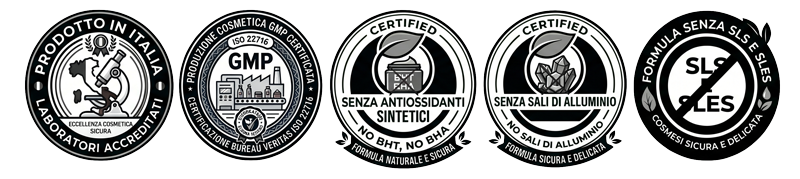 Prodotto in italia da laboratori accreditati, certificazioni ISO 22716, senza antiossidanti sintetici BHT e BHA, senza sali di alluminio, senza SLS e SLES, cruelty free, made in italy